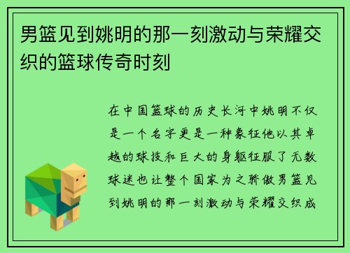男篮见到姚明的那一刻激动与荣耀交织的篮球传奇时刻
